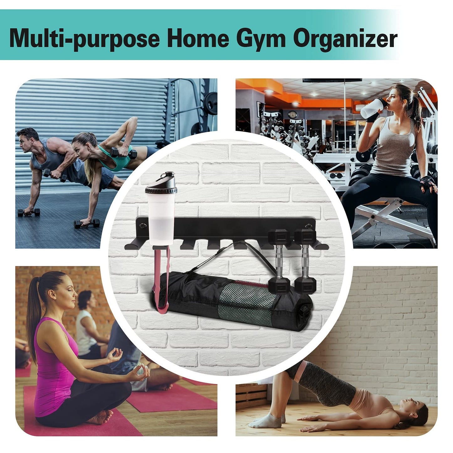 Heavy Duty Wall Mount Gym Rack 16" 8-Prong Multi-Purpose Storage for Barbells, Resistance Bands, Jump Ropes, Lifting Belts, Chains, Foam Rollers & Straps Home Gym Organizer