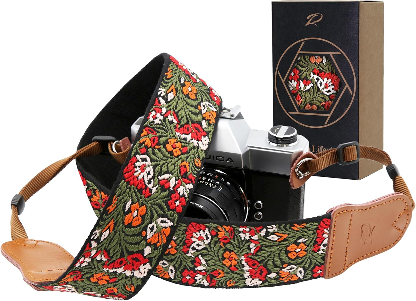 Ends,2" Padwa Lifestyle Green Flower Camera Strap for All DSLR Cameras,Double Layer Cowhide Wide Pure Cotton