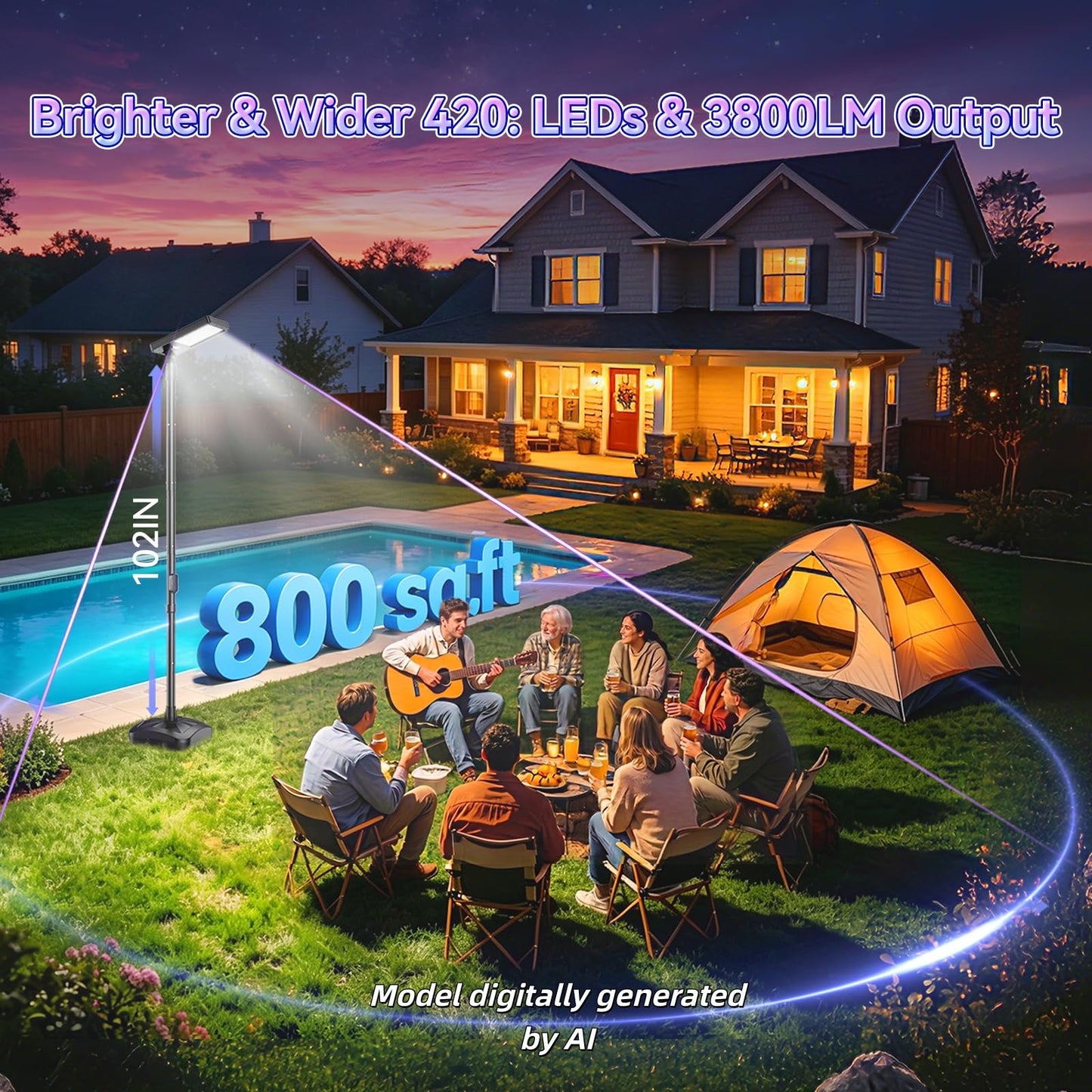 102" Solar Outdoor Street Lights with Speaker, Pole & Remote, Portable IP65 Waterproof LED Solar Flood Motion Post Light, Dusk to Dawn Solar Floor Lamp for House, Yard, Garden, Patio, Garage, Driveway