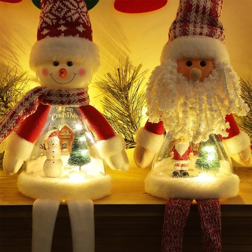 Juegoal Lighted Christmas Santa & Snowman Figurines - 24" Handmade Tabletop Ornaments with Miniature Scenes