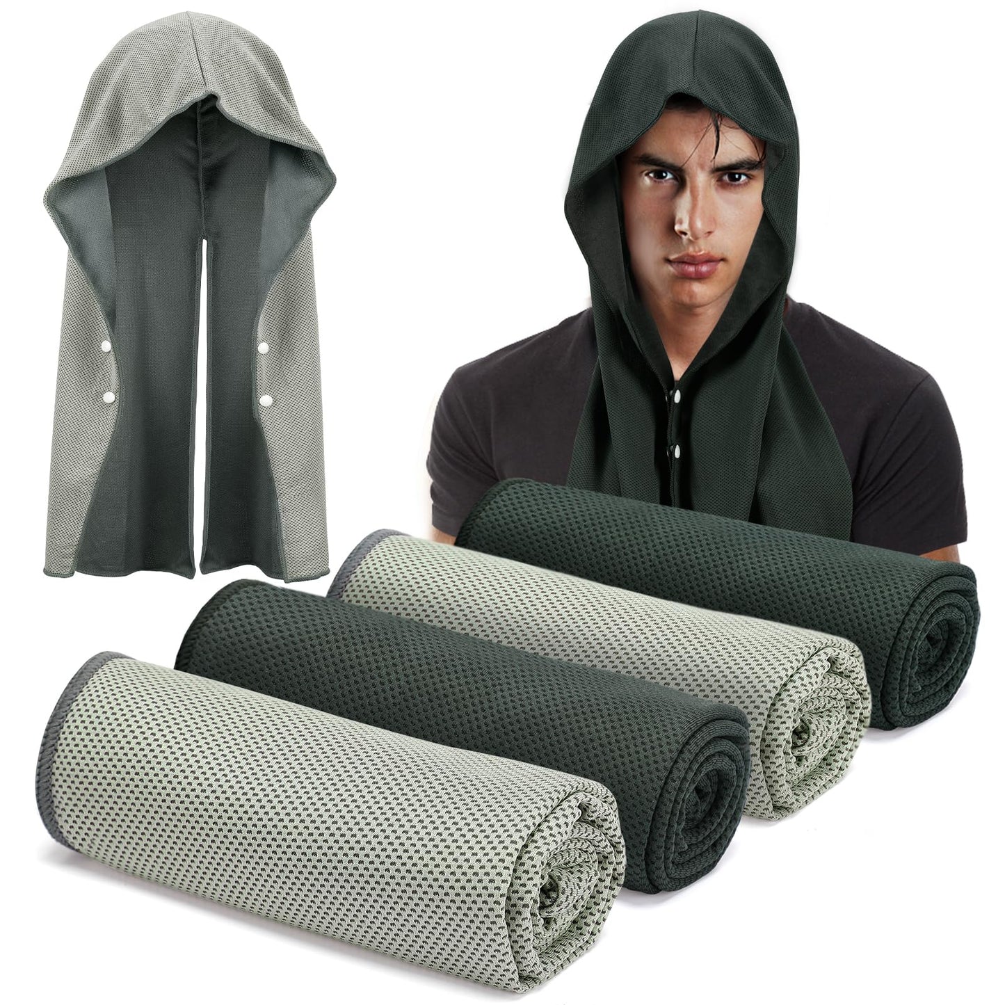Acostop 4 Pcs Cooling Hoodie Towels for Neck and Face - Absorbent & Quick-Dry Cooling Towel with Anti-Slip Snaps, Evaporative Cool & UPF 50 Sun Protection Wraps in Hot Weather Outdoor Sports