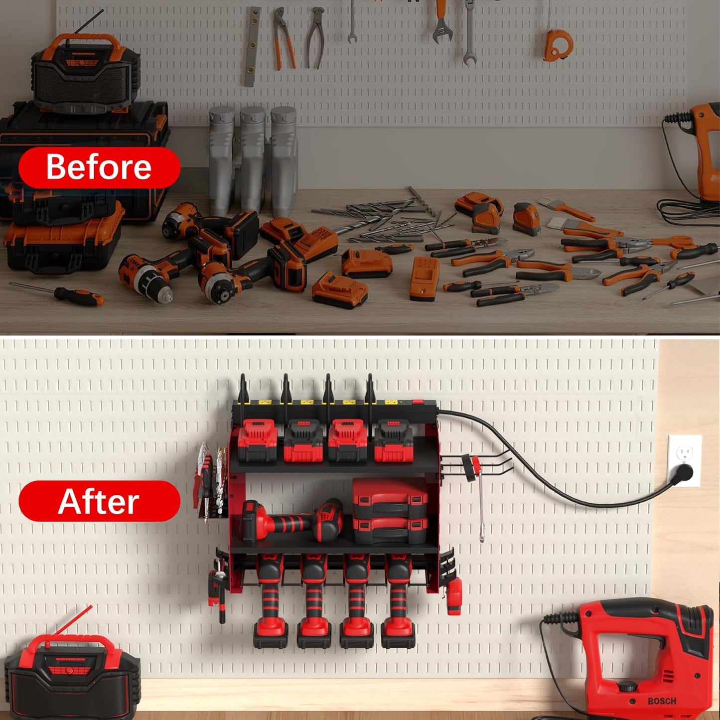 Power Tool Organizer by [Brand Name] - Wall Mount with Charging Station & 8 Outlet Power Strip | Heavy Duty 3-Layer Rack