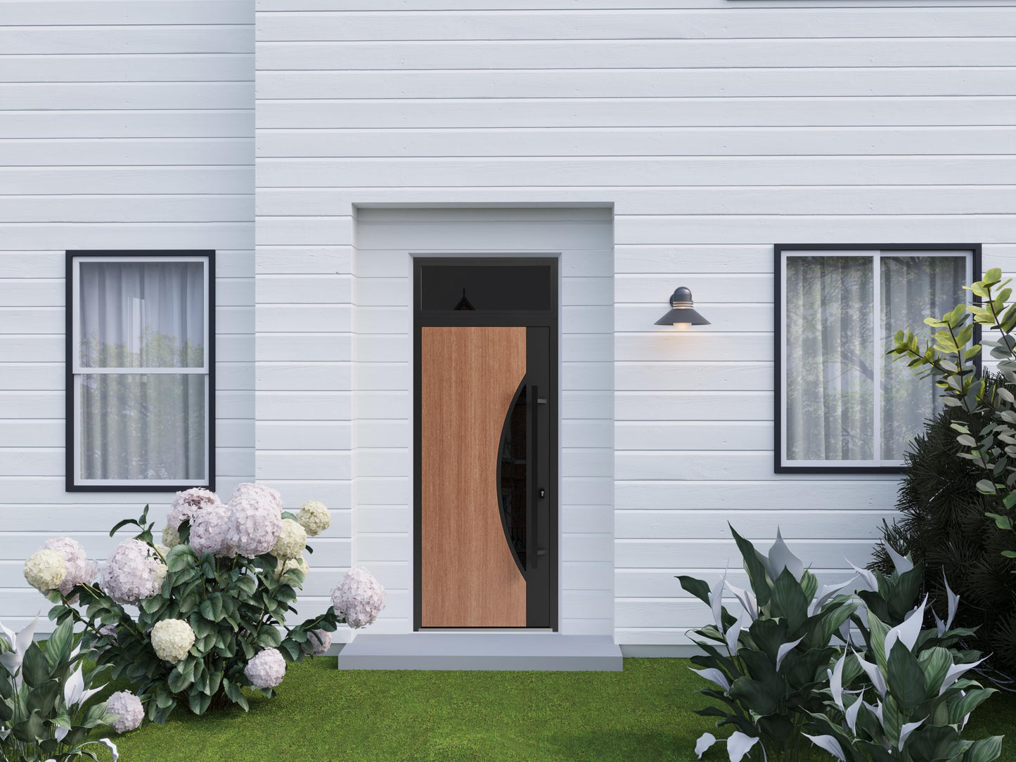 VDOMDOORS Front Exterior Prehung Steel Door/Ronex 1077 Teak/Top Exterior Window Sidelite/Entry Metal Modern Painted W36 x H80+16" Left Hand Inswing