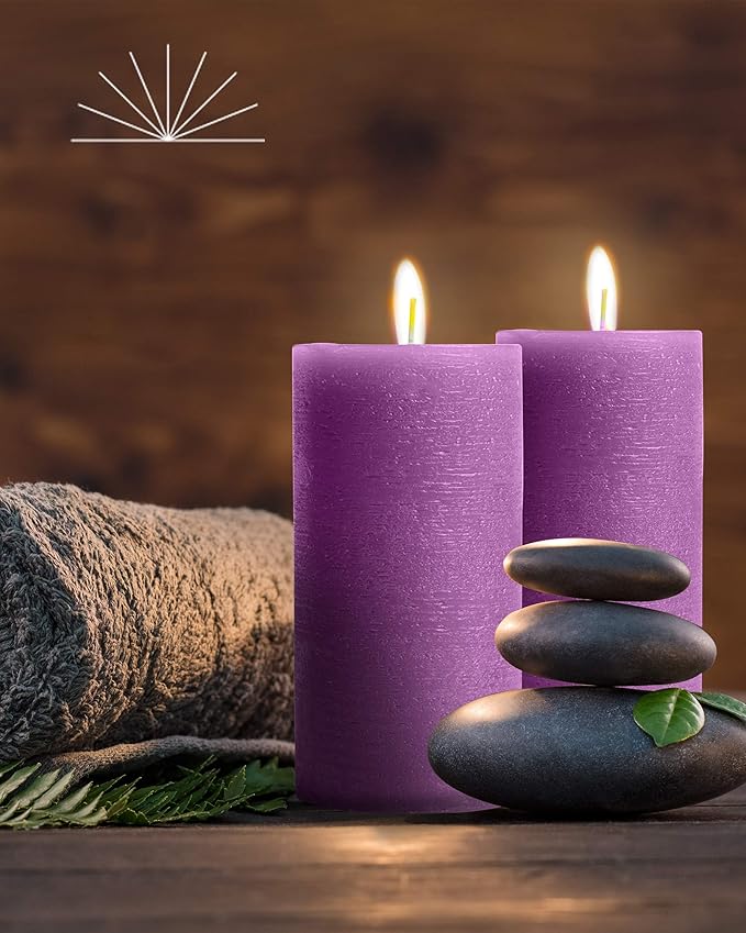 Mottled Pillar Candles by Bask - Set of 6-3" x 6" Dripless Unscented Candles in Purple for Home Decor, Relaxation & All Occasions