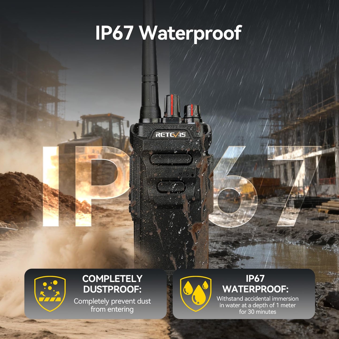 Retevis RT48 IP67 Waterproof Walkie Talkies for Adults,Heavy Duty,Professional Two Way Radio Rechargeable,1200mAh,VOX,Emergency Alarm,Rugged 2 Way Radios for Work Construction Jobsite School(10 Pack)