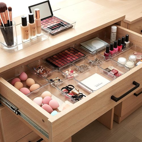 Masirs Clear Drawer Organizers Set – 25 PCS Stackable Plastic Storage Bins for Home & Office | Non-Slip Design