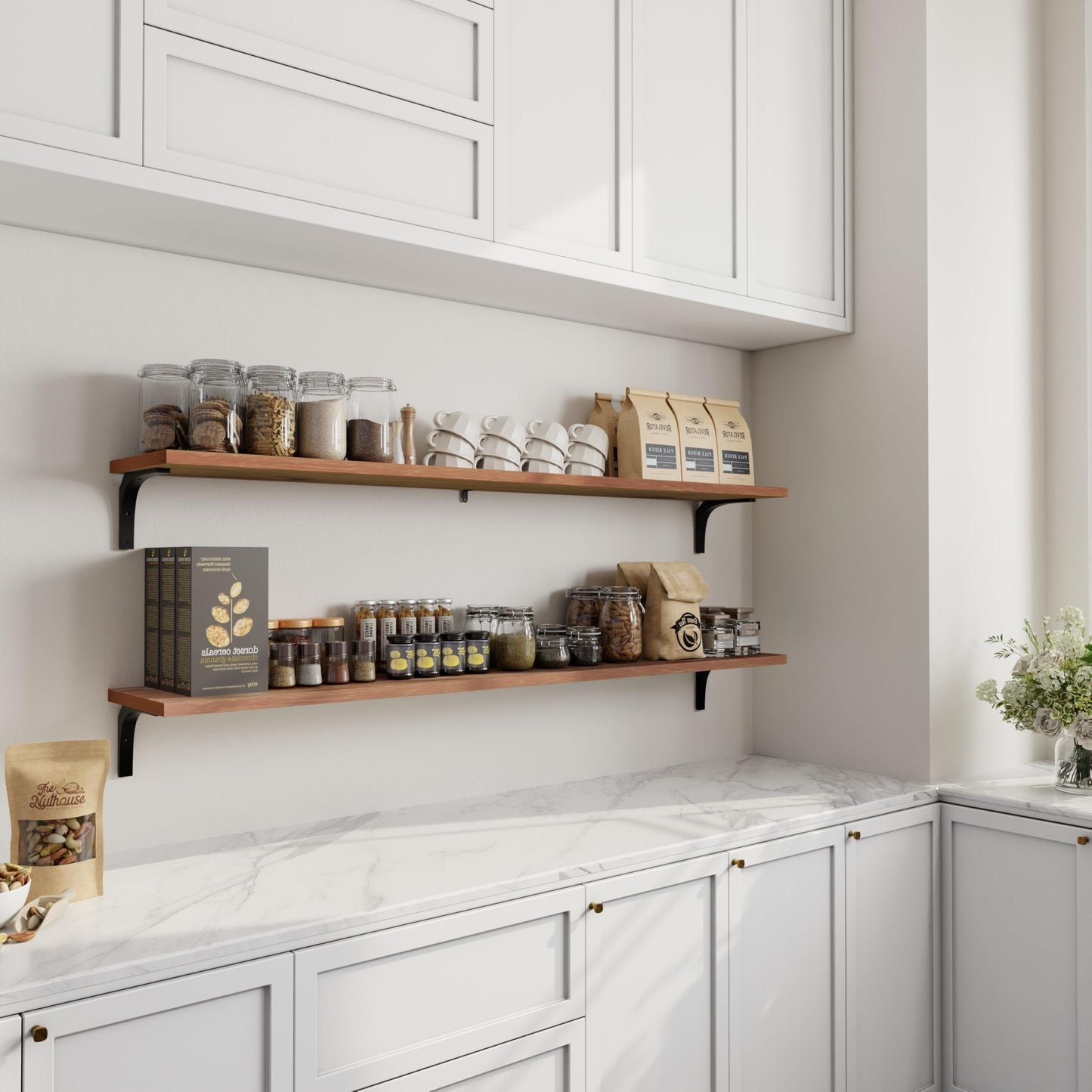 TEDIDUWA 12 Inch Deep Floating Shelves Set of 2, 72 Inch Extra Wide Brown Solid Wood Wall Shelves, 6ft Heavy Duty Farmhouse Wall Mounted Shelving for Kitchen, Living Room & Bedroom