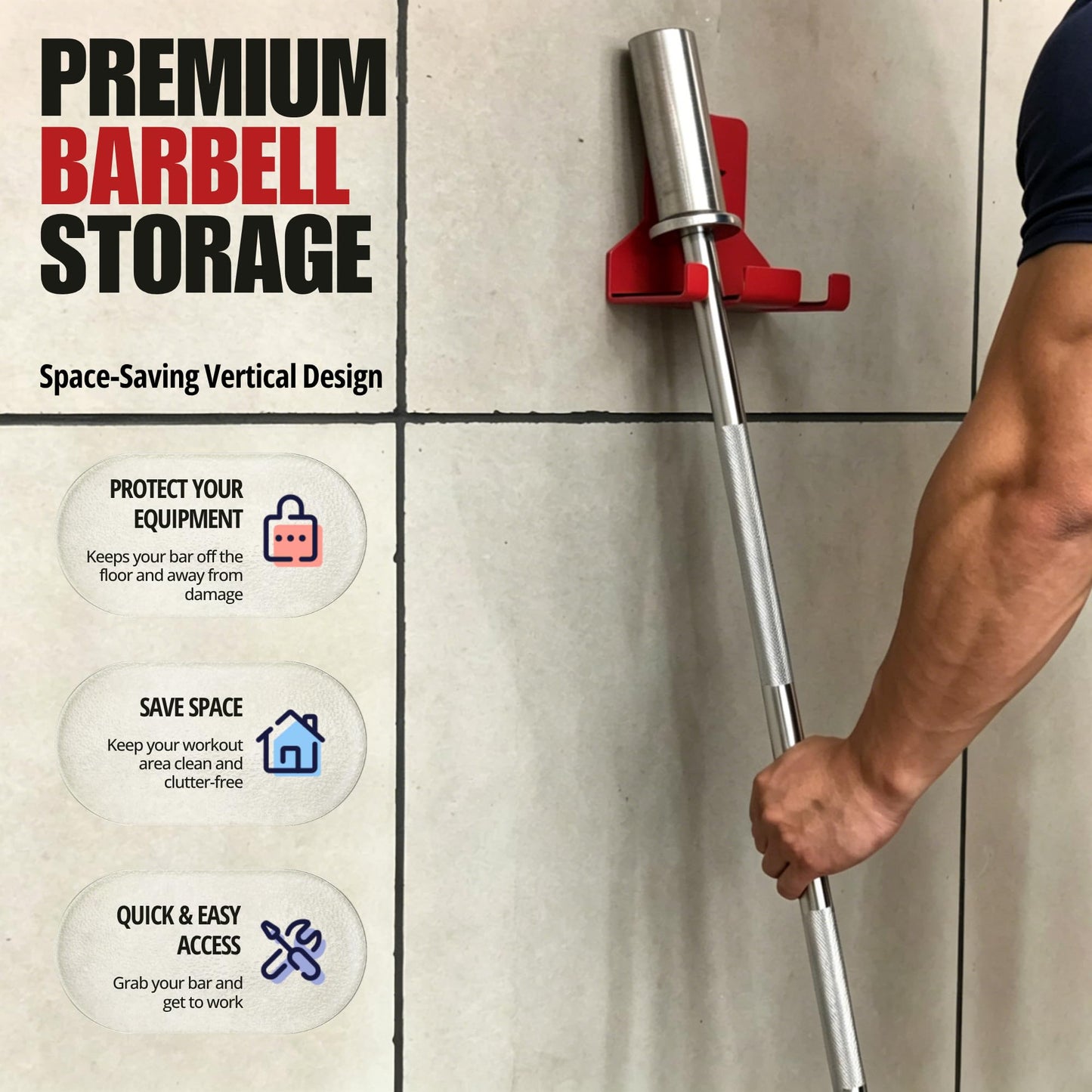 Olympic Barbell Hanger,Garage Gym Bar Wall Rack,Vertical Barbell Mount Rack,Space Saving Commercial or Home Gym Accessory,Holds Under 33mm Bar Size (Red 2 Hooks)