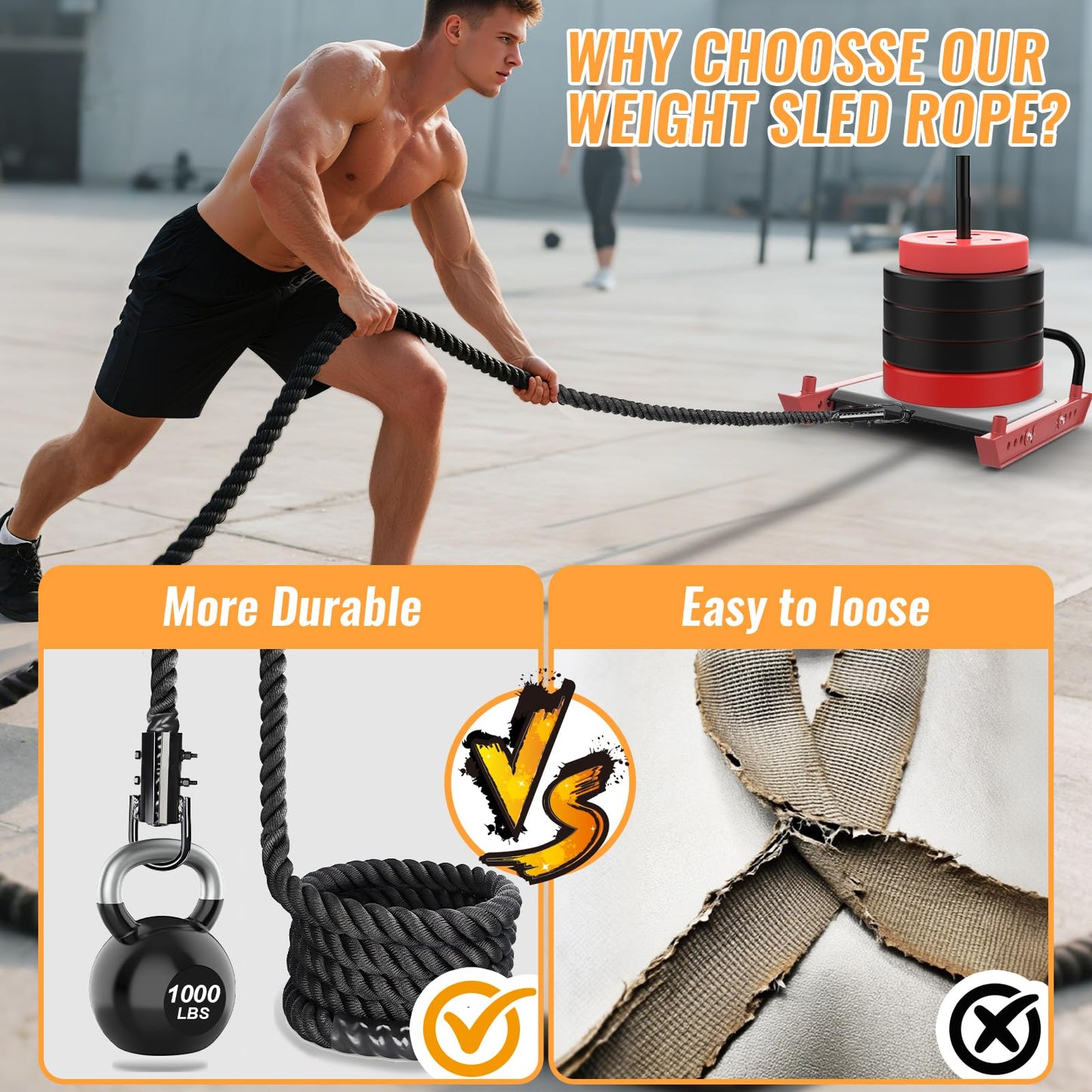 Keepark Weight Workout Sled Pulling Rope - Heavy Duty Workout Rope for Weight Sled, Tire Drag, Football Training - Fitness Resistance Exercise Equipment for Men & Women - 1.5 Inch x 15FT