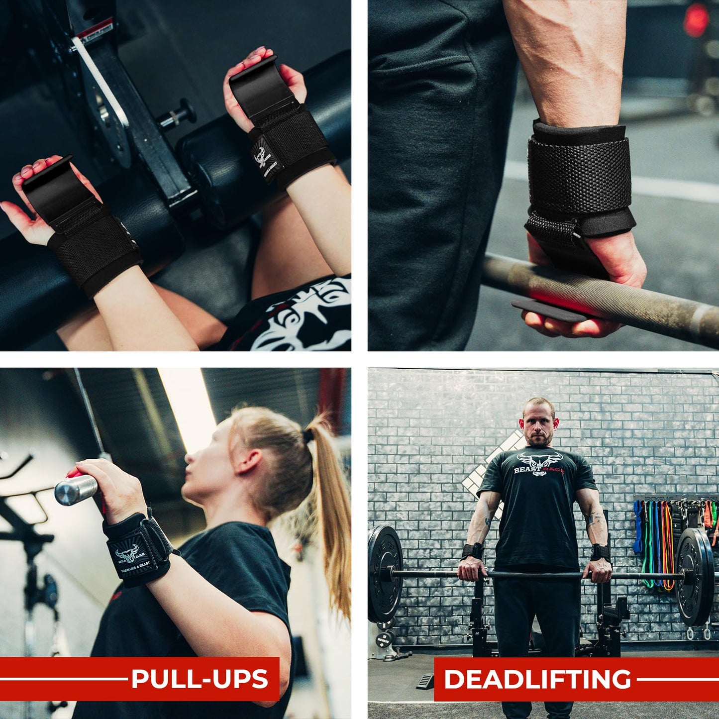 BEAST RAGE Workout Hooks for Men, Durable Coated Grip Gym Straps for Weightlifting Wrist Wraps Training Weight Lifting Strength Fitness Bodybuilding Anti Slip Women Hook Exercise (Black)