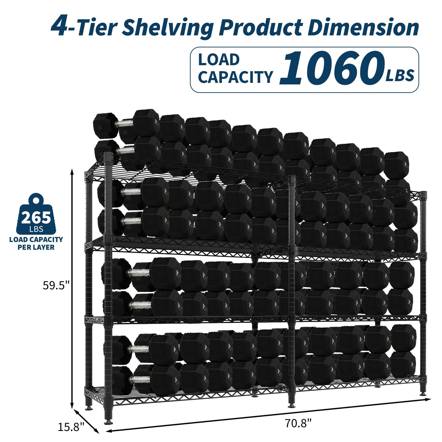MilleLoom Metal Storage Shelves 4-Tiers, 60" H Wire Shelving Units Heavy Duty 265LBS Loads per Shelf, Adjustable Standing Wire Rack Shelf, for Home Office Pantry Room Basement,71" W x 15.7" D