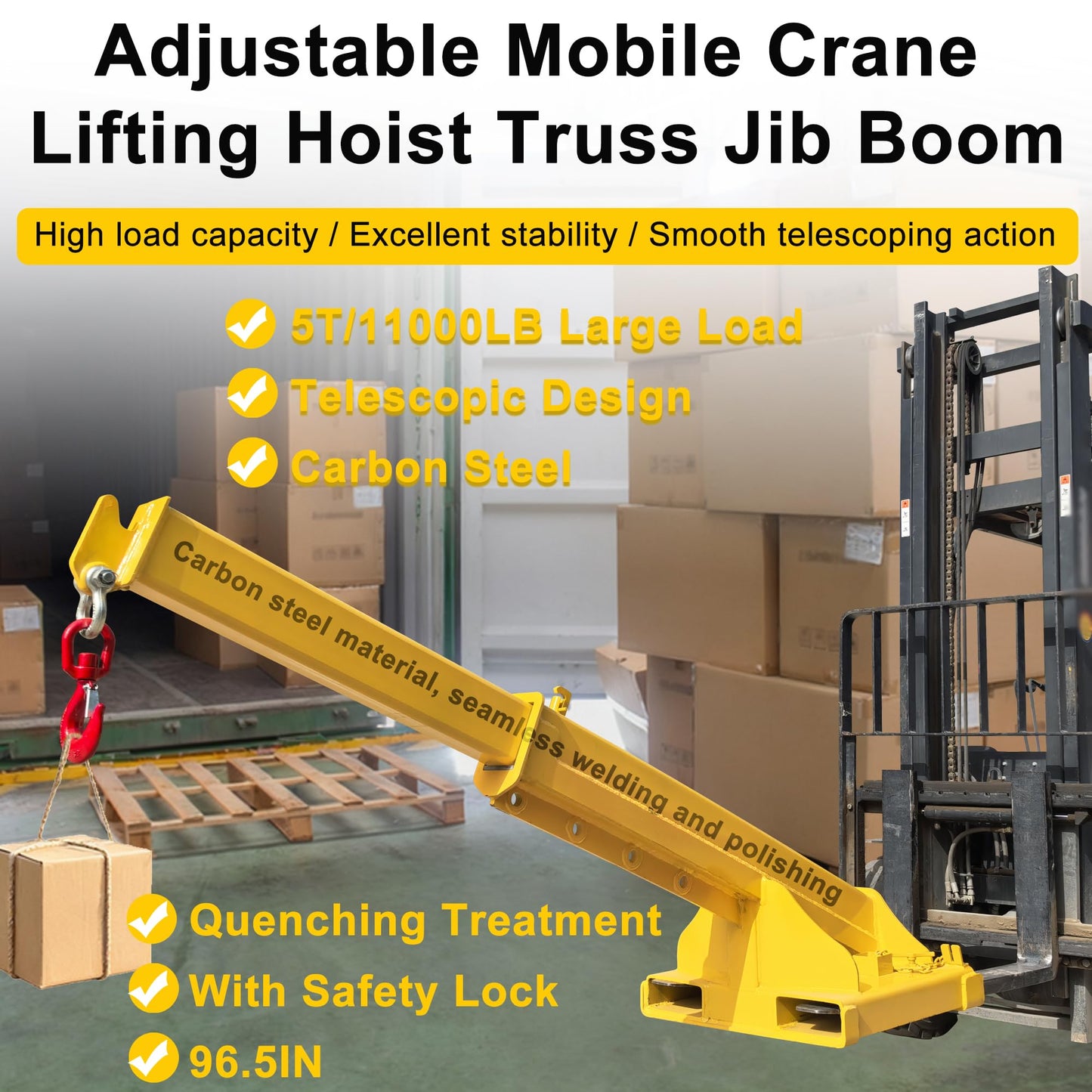 HayWHNKN Forklift Jib Boom Forklift Mobile Crane, 5T / 11000LB Telescopic Crane Attachment with Hook, Max Length 96.5'' Mobile Lifting Hoist Towing Handling for Warehouse & Construction Material