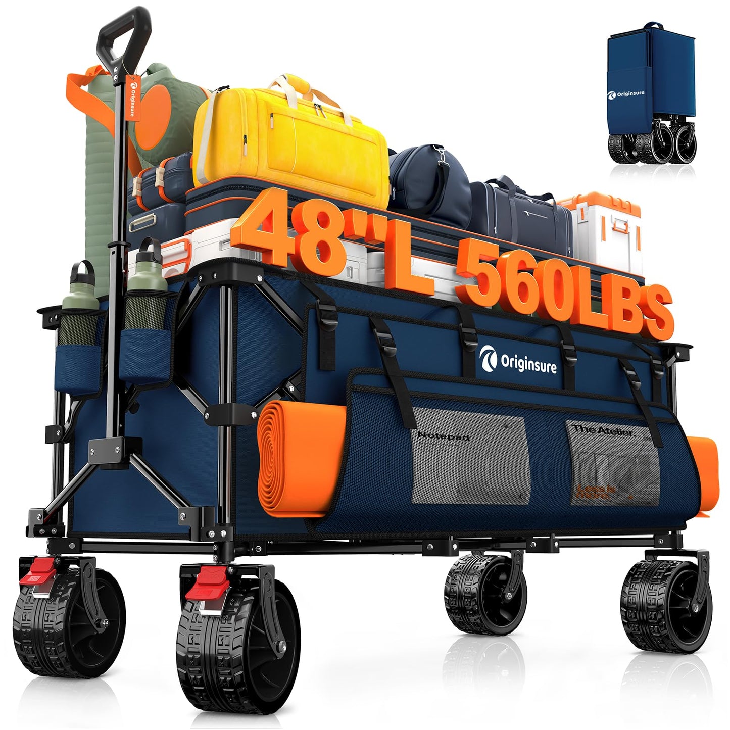 Originsure 48" L Collapsible Wagon Cart Foldable, 560lbs Weight Capacity 300L Heavy Duty Folding Beach Wagons with Big All-Terrain Wheels, Utility Carts for Groceries, Camping, Sports - Blue