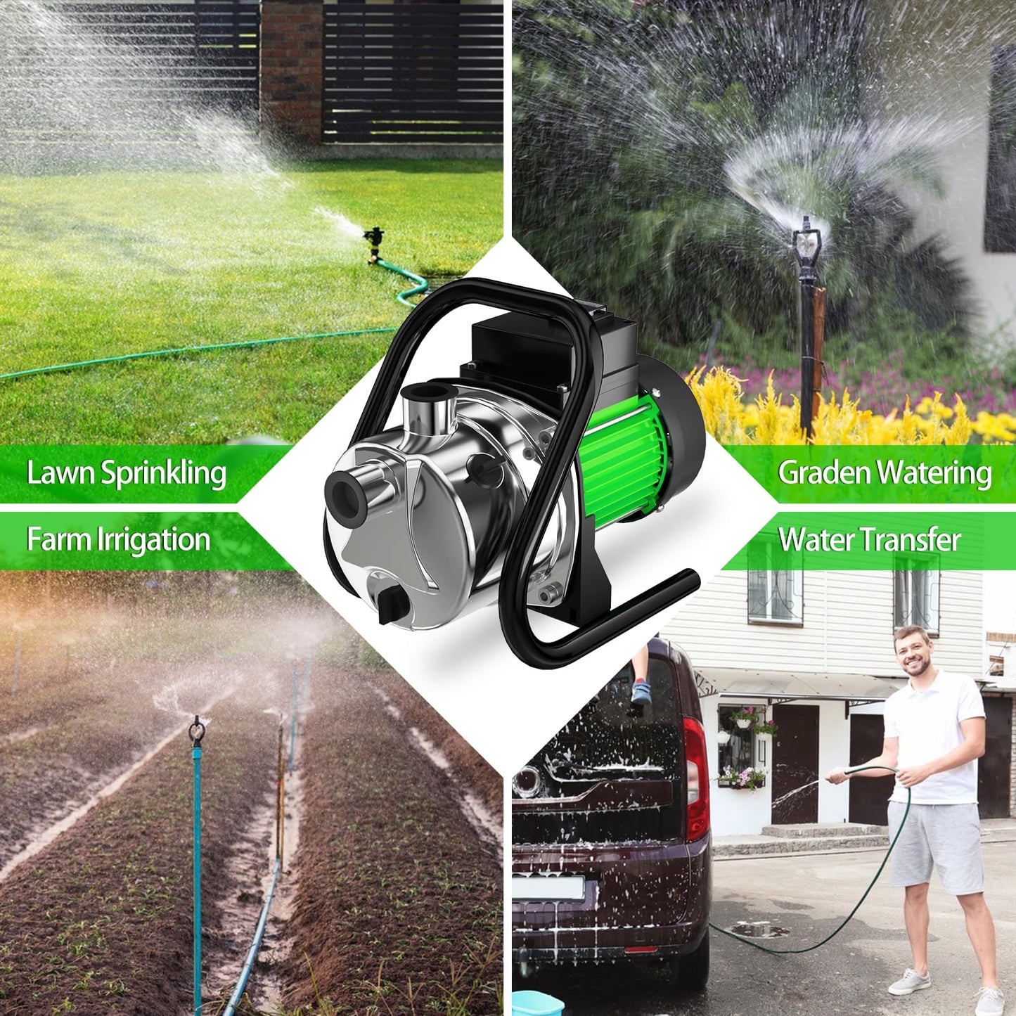 SHANGDA Water Transfer Pump Electric Shallow Well Pump 1.2HP 1200GPH for Lawn Garden Irrigation, Green