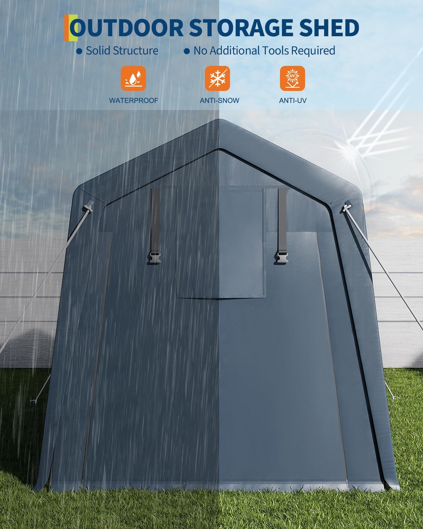 GarveeLife Portable Outdoor Storage Shed with Roll-Up Zipper Door & Vent, 240G Heavy-Duty Shelter Waterproof PE Tarp, UV-Resistant Carport for Motorcycle, Firewood, Tools (Gray, 6'x8')