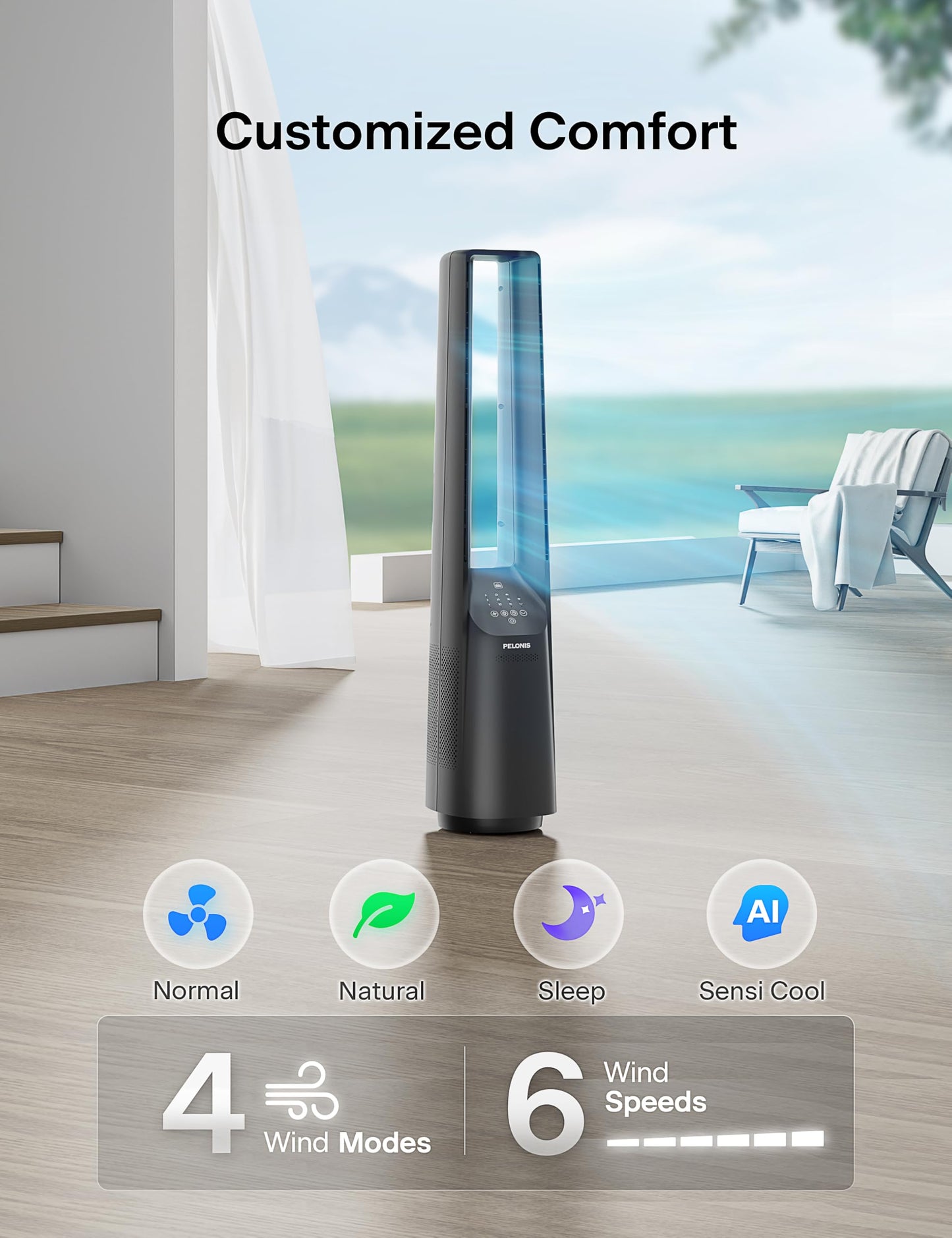 PELONIS 40" Smart Bladeless Fan for Bedrrom - Tower Fan, Alexa/Google/WiFi, DC Motor, 6 Speeds, 4 Modes, Remote, 7H Timer, 90° Oscillation, Safe for Home and Office