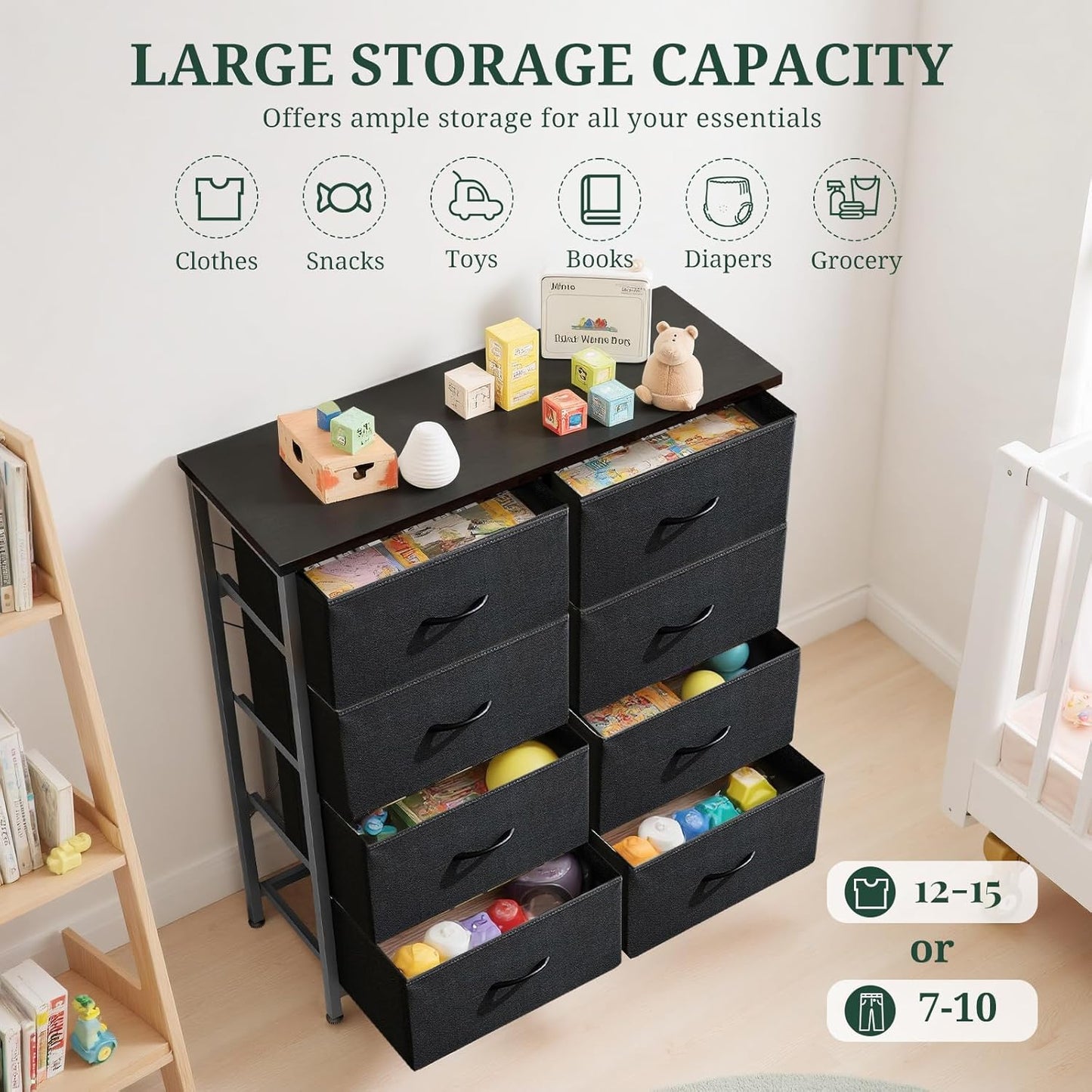 Regine Switzerland 8-Drawer Dresser - Anti-Tip Tall Storage Organizer with Wooden Top & Metal Frame | Black