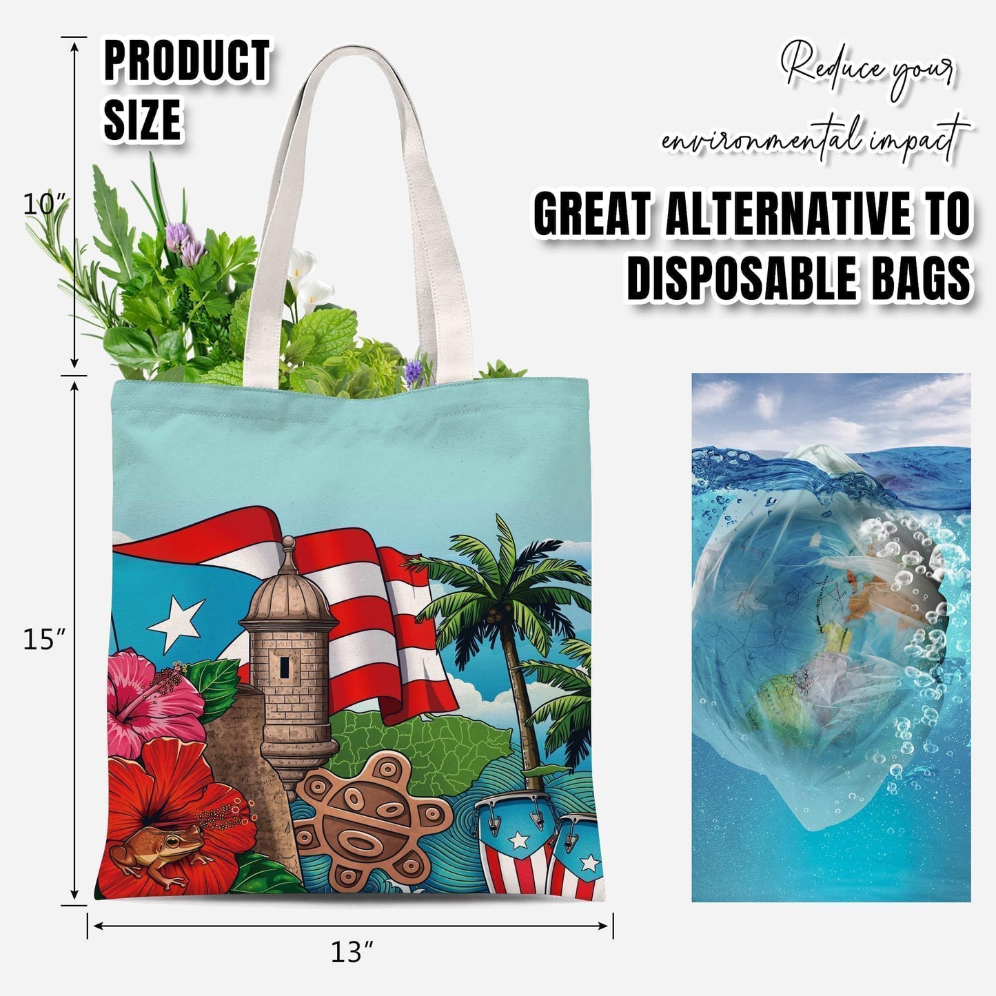 ATHAND Puerto Rico Flag Canvas Tote Bag with Zipper Inner Pocket,Puerto Rico Souvenirs,Reusable Shopping Beach Travel Tote Bag