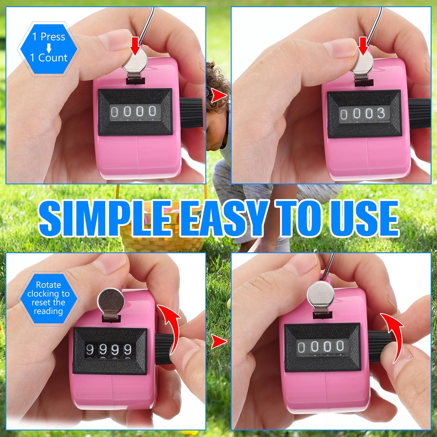 TOODOO 6 Pack Hand Tally Counter 4 Digit Mechanical Palm Clicker Plastic Hand Held Counter Clicker with Metal Finger Ring for School Golf Sports Events Office Stadium(Pink)