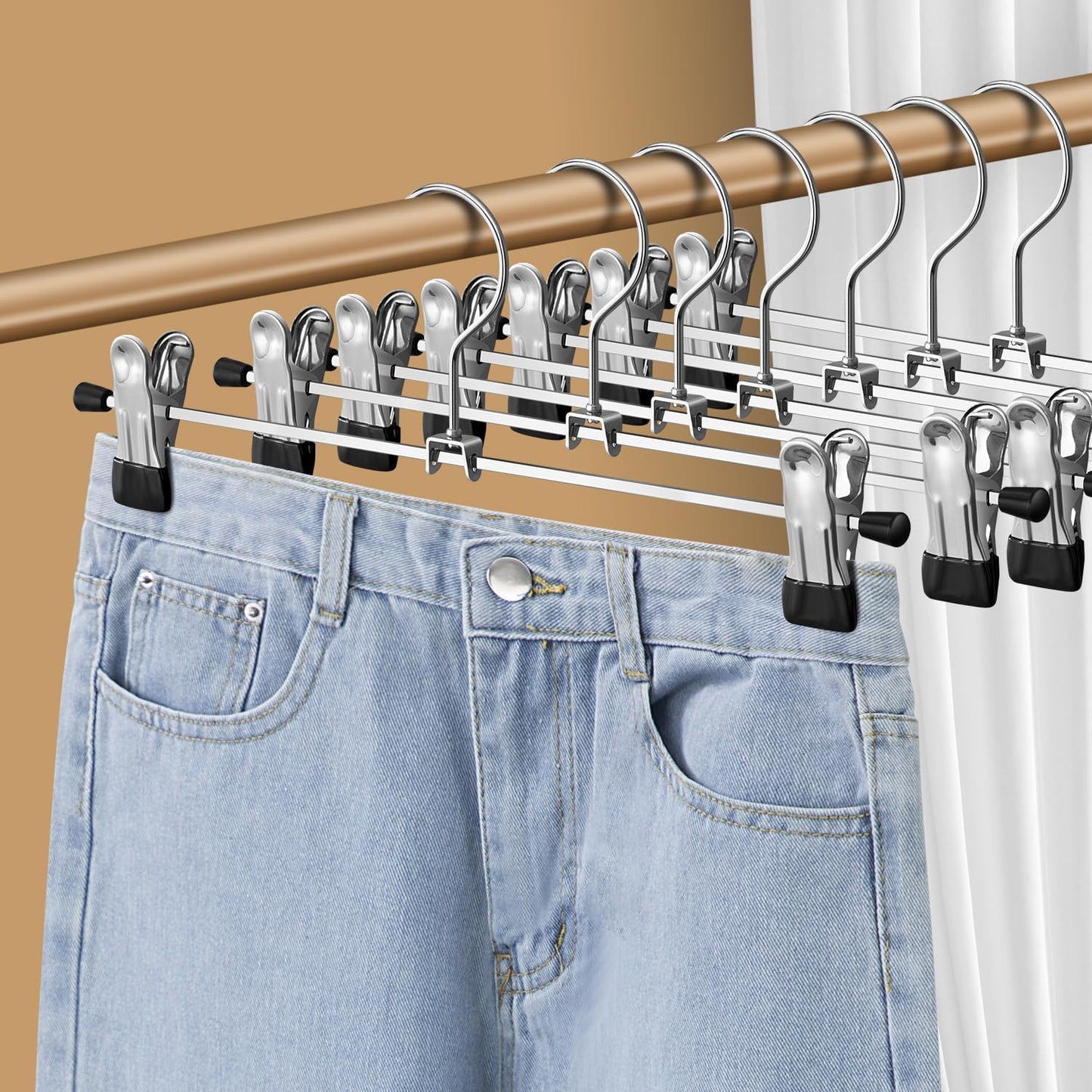 Skiennix Pants Hangers with Clips - Adjustable Non-Slip Skirt & Trousers Hangers | 30 Pack, Black, 12 Inch
