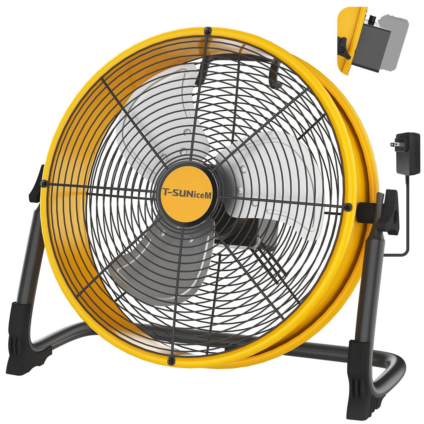 16" Battery Operated Floor Fan Compatible with Dewalt 20V Max Battery, Portable Fan with AC Adapter and USB Output, Metal Industrial High Velocity, Stepless Speed Cordless Fan for Jobsite Camping