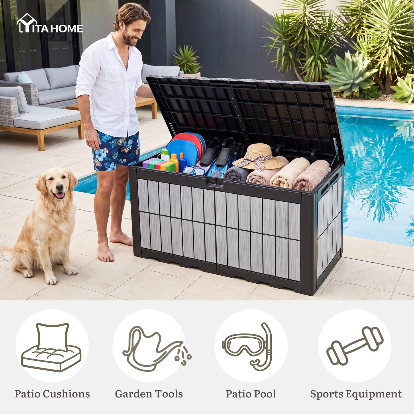 YITAHOME 134 Gallon Large Deck Box, Waterproof Resin Outdoor Storage Box with Lock, Doubles as Bench Seating for Patio Furniture Cushions,Garden Tools & Pool Accessories, Black & Wood-Grain Gray
