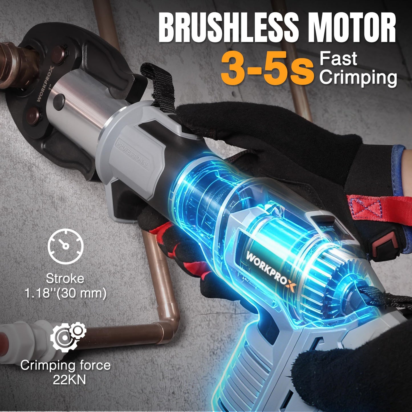 WORKPROX Press Tool, 20V Brushless Electric Pipe Crimping Tool for 1/2", 3/4", 1" Copper Pipes, Cordless Press Tool Kit with 3 Press Jaws, 2-Pack 2.0Ah Batteries with Carrying Case