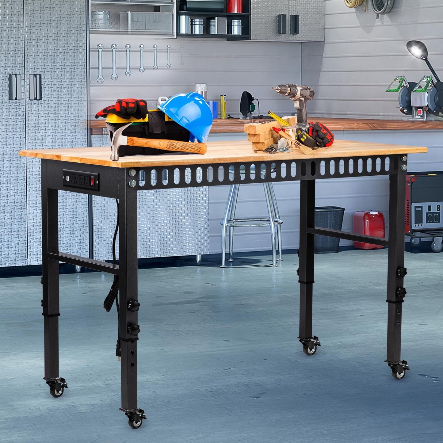 GVGBUK 48" Height Adjustable Workbench, 2000 LBS Load Capacity Rubber Wood Top Workstation, Heavy-Duty Hardwood Worktable for Garage Workshop (with Wheels and Socket,48'')