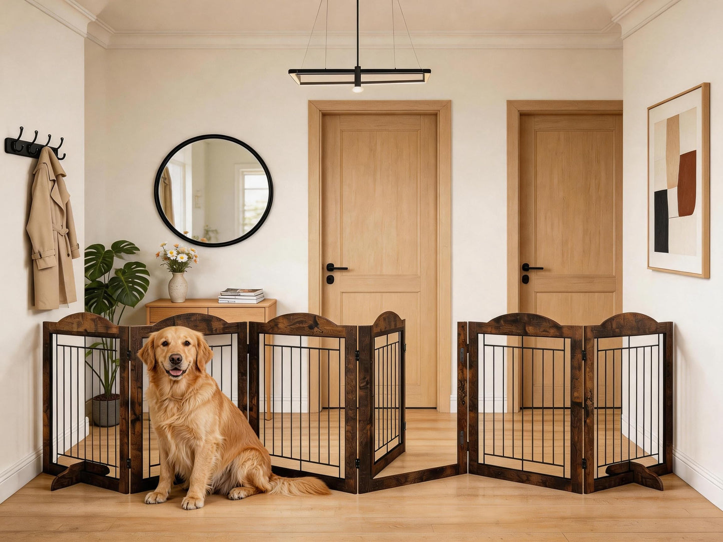 Vantas Folding No-Assembly Dog Door Pet Gate 144" Wide, 30" Tall Wooden Dog Gate with Door Walk Through, Freestanding Wire Pet Gate, Pet Puppy Safety Fence, with 2PCS Support - Rustic Brown