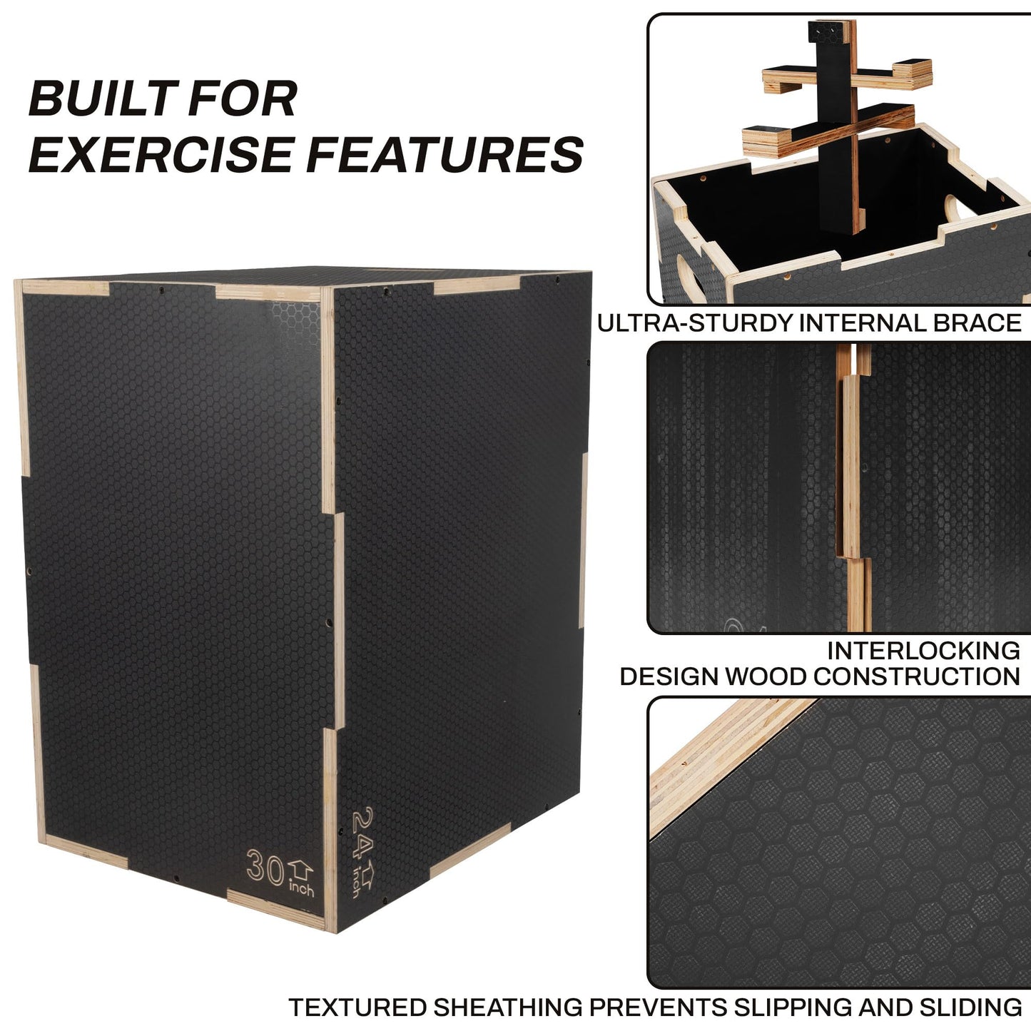 Fitvids 24" x 20" x 16" Non-Slip Wooden Plyo Box Jump Exercise Platform, Plyometric Workout Equipment for Home Gym, Training Step Box, Black