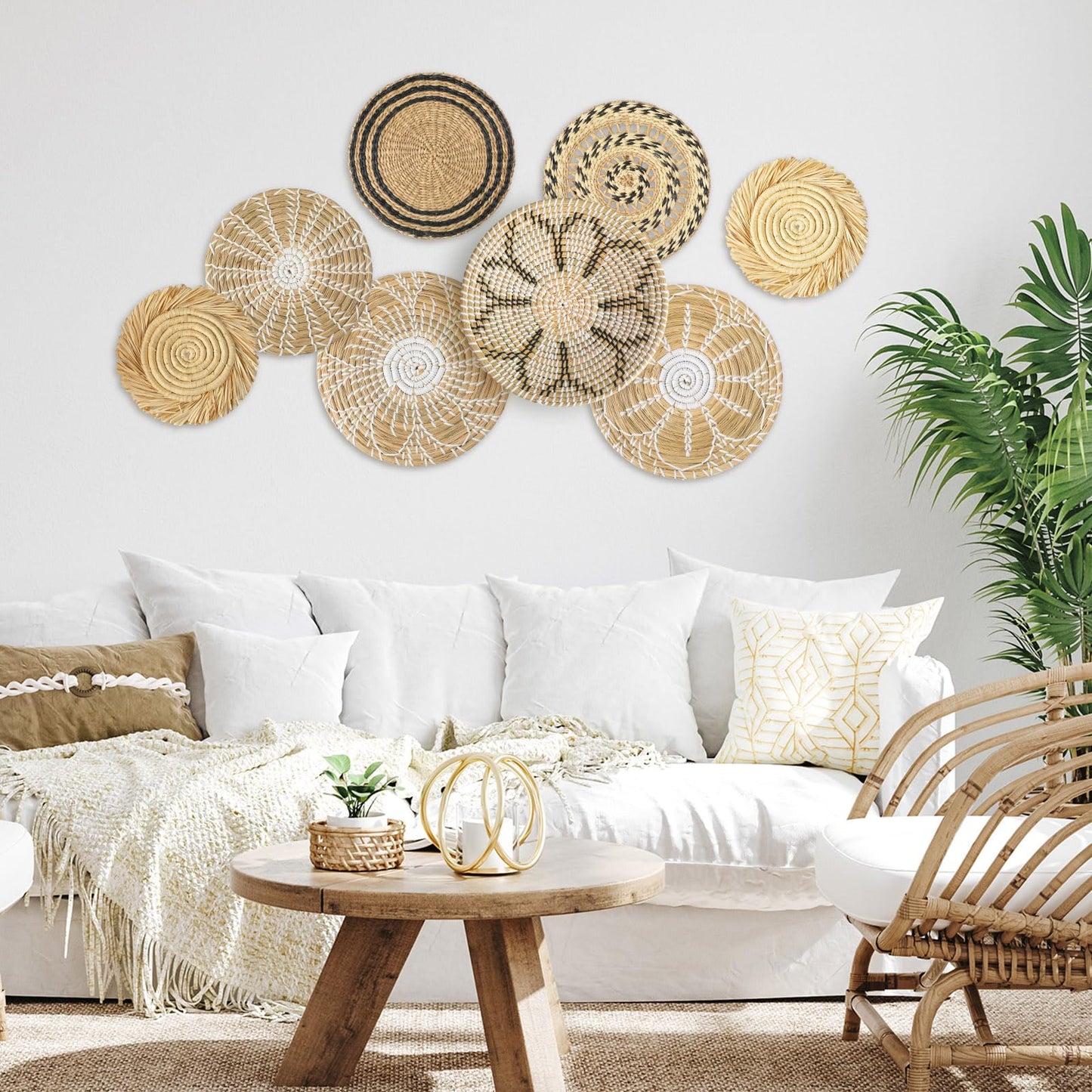 Xuhal 8 Pcs Boho Wall Basket Decor Decorative Bulrush Woven Basket Wall Decor Rustic Farmhouse Hanging Baskets for Kitchen Rustic Home Summer Decorations
