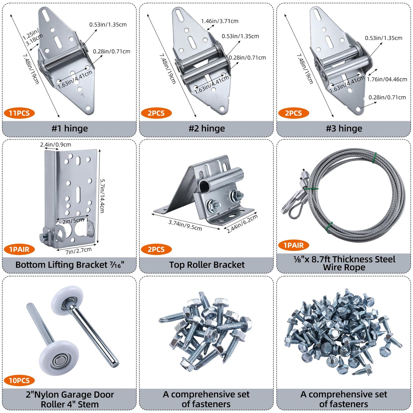 Patioer Garage Door Hardware Kit with Roller, Hinge, Top & Bottom Bracket, Galvanized Cables, Fasteners, for 16'x7' and 18'x7' Double Garage Doors