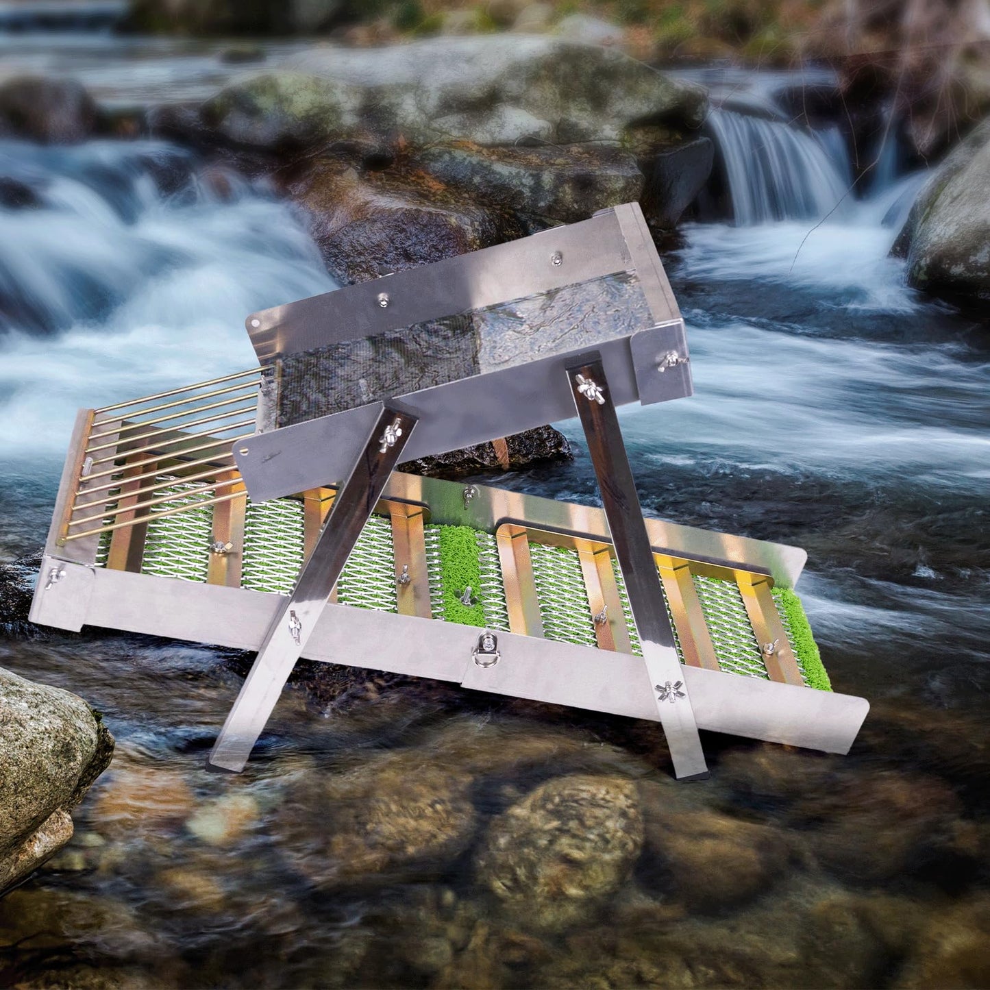 3 in 1 Highbanker Gold Panning Kit, Deformable 50" Folding Gold Sluice Box, Portable Mining Equipment for Adults, 34pcs Includes Gold Pan, Classifier Screen, Magnet, Backpack & Accessories
