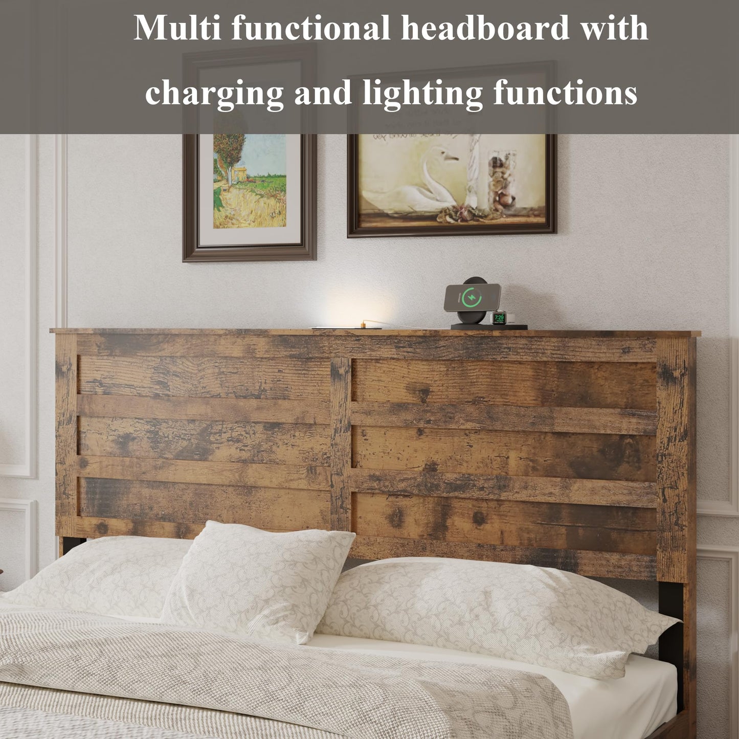 GDFStudio Full Size Industrial Bed Frame with Storage Headboard, Wood & Metal Platform Bed, USB Charging Station, Noise-Free Support, Easy Assembly Bedroom Furniture, No Box Spring Needed