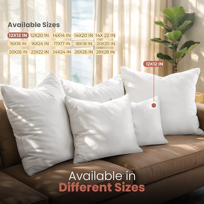 Utopia Bedding 12x12 Pillow Inserts, Set of 2, White – Indoor Decorative Throw Pillows for Bed, Sofa & Couch – Soft, Supportive & Fluffy Cushion Inserts
