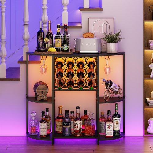 JKsmart Wine Bar Cabinet with LED Lights, Mini Wine Bar Cart with Storage and Glass Holder, Home Bar Coffee Bar for Liquor, 3-Tier Bar Table for Kitchen, Dining Room, Living Room, Black