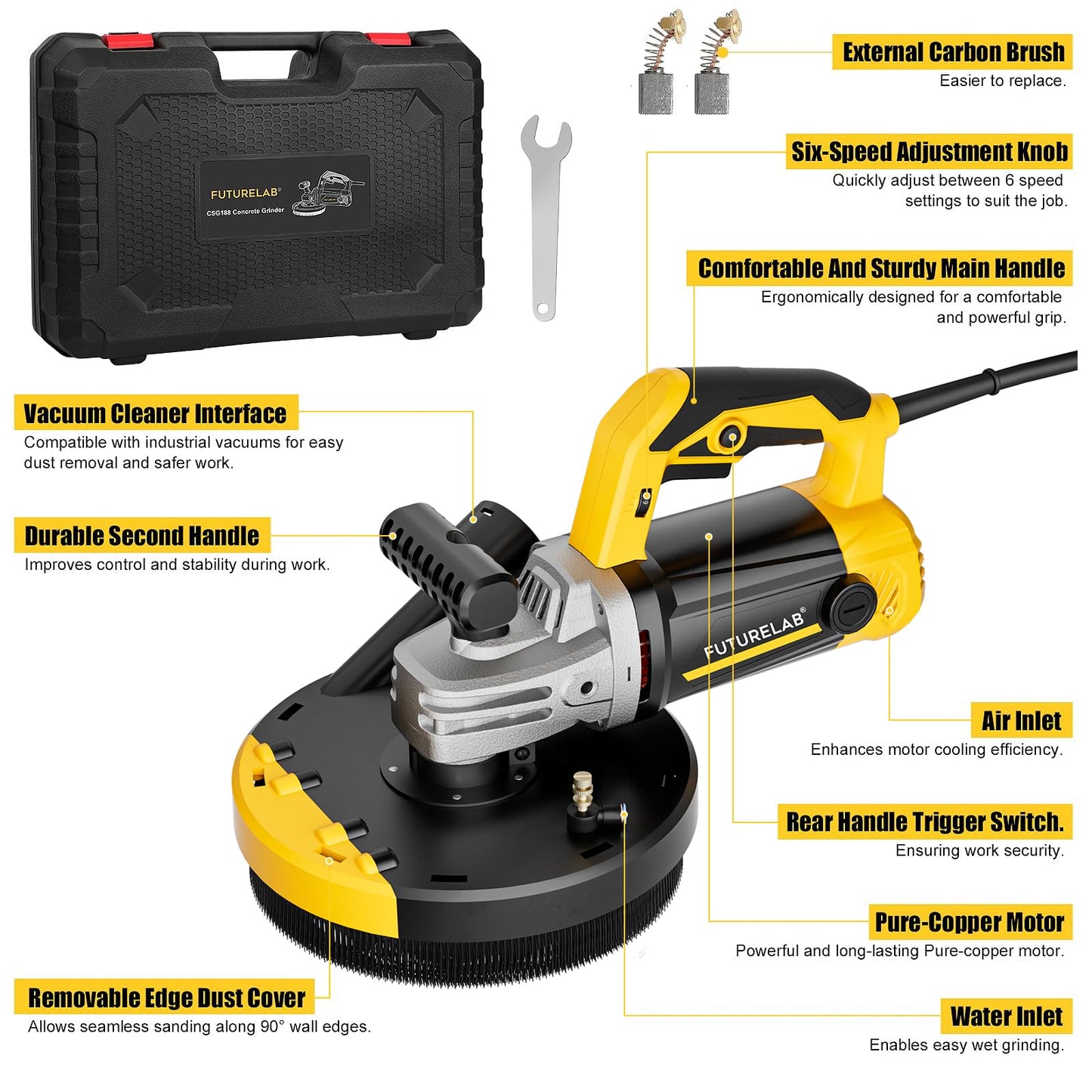 FUTURELAB® 7” 7-Inch Concrete Surface Grinder，Angle Grinder Kit with Dust Shroud, floor grinder, 2200W Motor,Auxiliary Handle, Diamond Wheel, 90° Seamless sanding for Floor, Wall, Adhesive and Ceiling