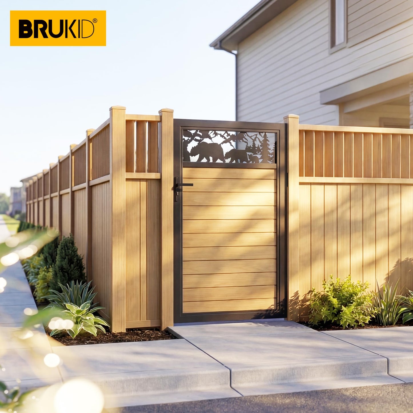 Brukid 3x5 FT Aluminum Fence Gate Kit Wood Grain Aluminum Gate with Decorative Cutout, Lock & Hinges, Left/Right Opening, Weather Resistant for Yard Garden Patio