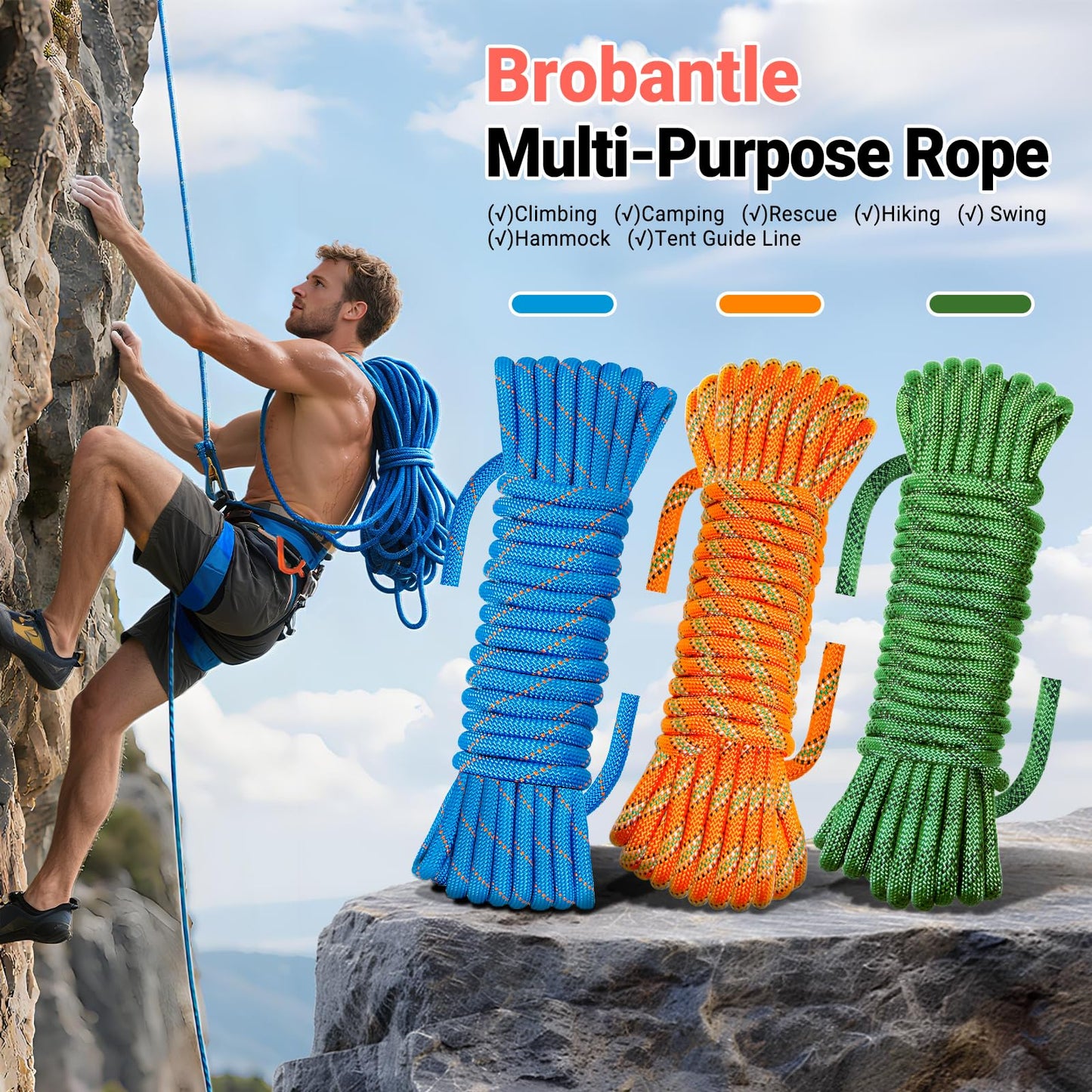 Brobantle 10.5mm Climbing Rope,32FT Static Rock Climbing Rope for Escape Rope Ice Climbing Equipment Fire Rescue Parachute
