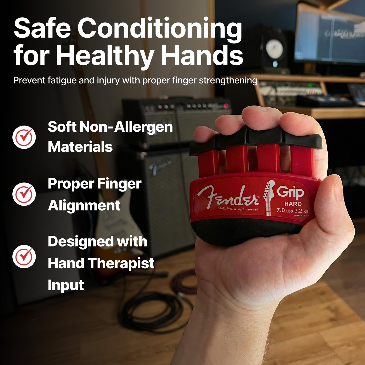 Fender GRIP Hand and Finger Exerciser (Hard - 7lbs / 3.2kg) – Best Ergonomic Finger Strengthener to improve play on all stringed instruments (Guitar, Bass, Violin, etc.)