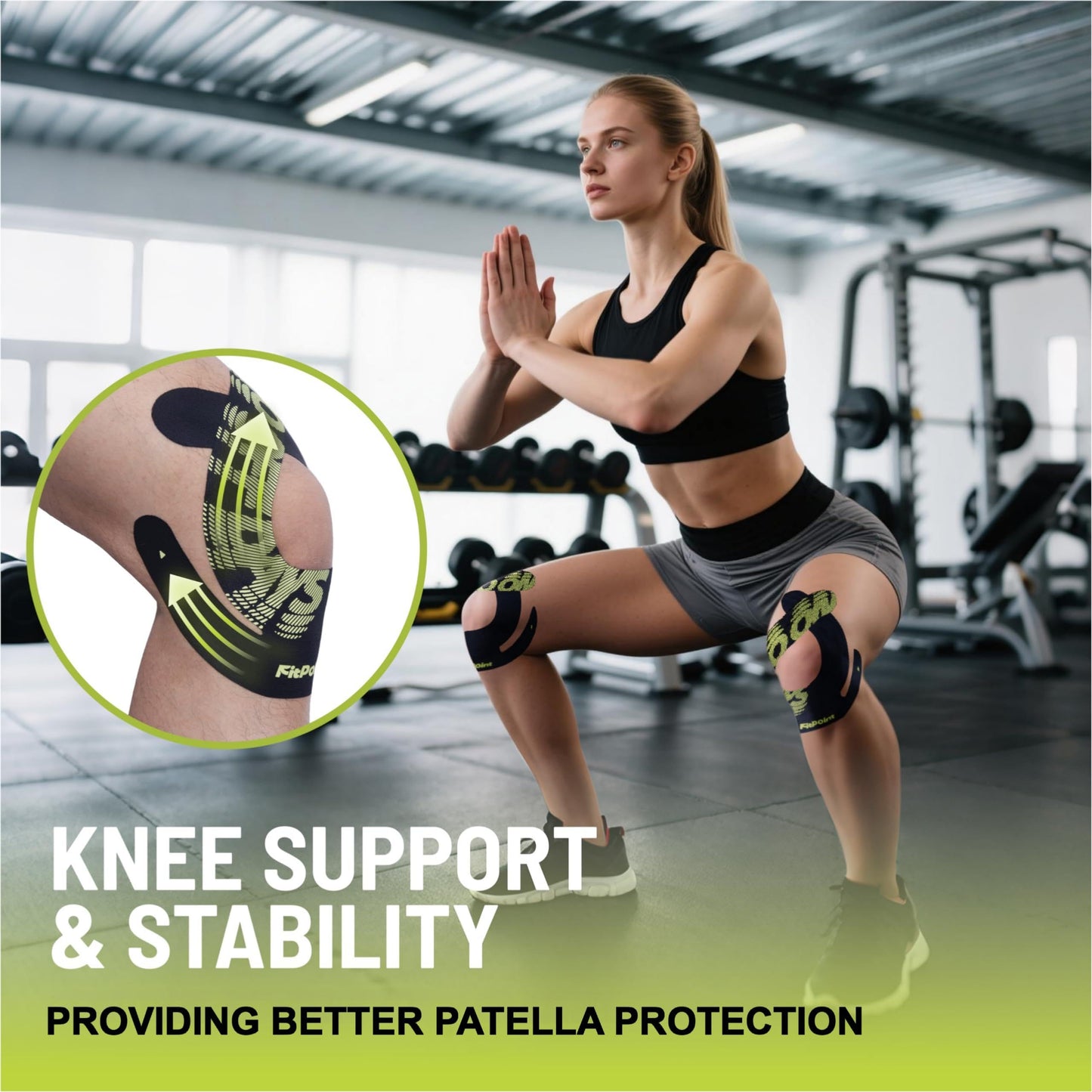 Kinesiology Tape for Knees 10 Pcs Ultra-Sticky Patella Knee Tape for Knee Pain Relief & Knee Stability Pre Cut Synthetic Kinetic Tape for Knee Support Waterproof Latex-Free Jet Black