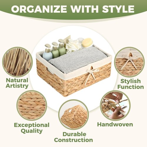 Natural Water Hyacinth Wicker Shelf Storage Baskets - Large 15” x 12” x 6” Organizers with Handles & Cotton Liner