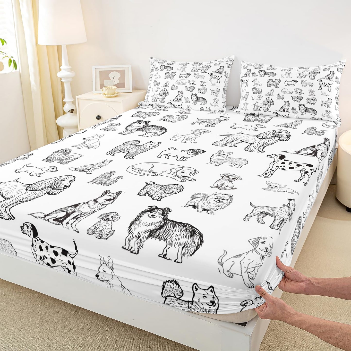 Cartoon Dog Fitted Sheet Queen Size Black White Dog Puppy Sketch Bedding Set 3Pcs for Kids Girls Boys Adult Room Decor Cute Pet Animals Bed Sheet Soft Lightweight Deep Pocket Sheet,2 Pillowcase