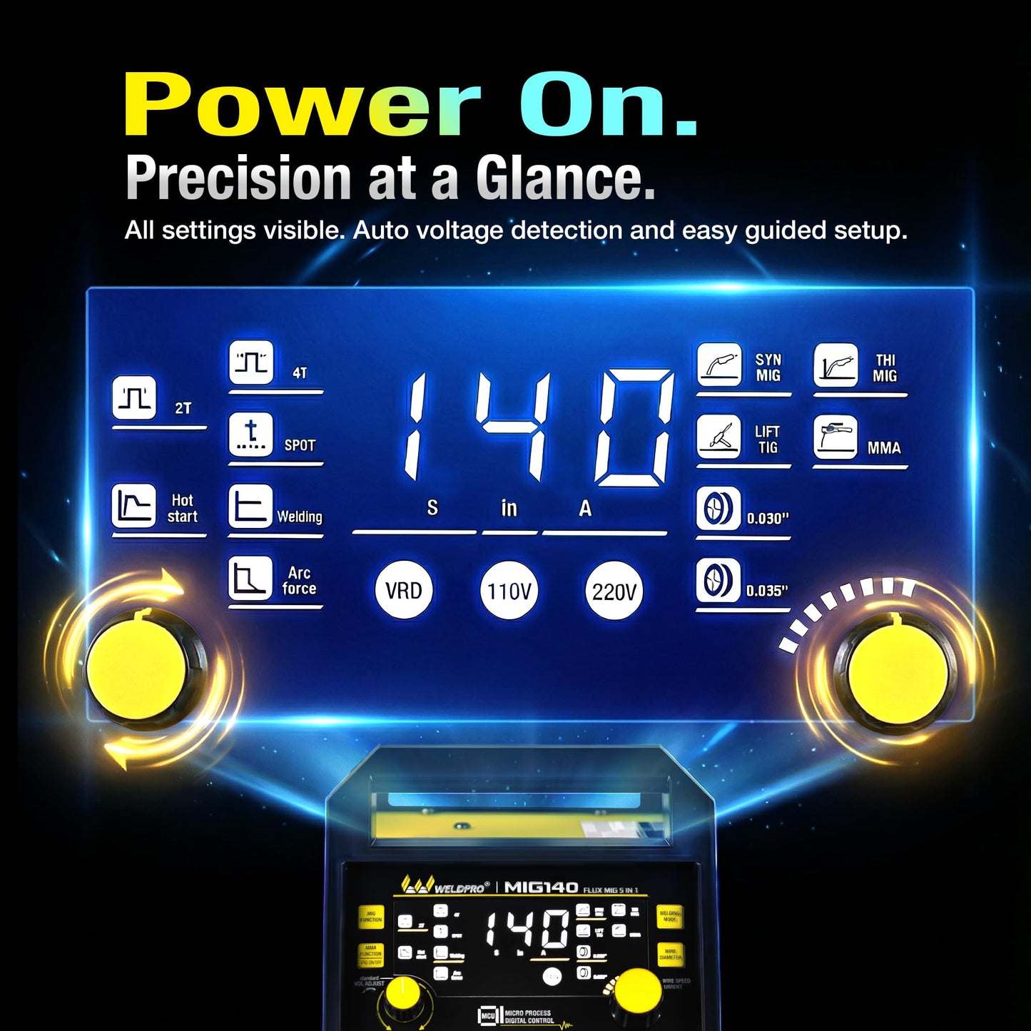 WELDPRO 140A MIG Welder 110/220V, 2026 Newest 5-in-1 Flux Core Welder, Synergic/Thickness Gasless MIG/Lift TIG/MMA/Spot Welding Machine, IGBT Inverter Welder with Large LED Digital Display, 2T/4T