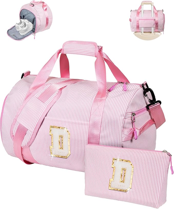 Girls Cheer Up Gift, Girl Gym Bag, Kids Initial Overnight Duffel Bags with Shoe Compartment, Personalized Travel Bag with Makeup Pouch, Sweet 16 Gifts for Granddaughter (Letter D)