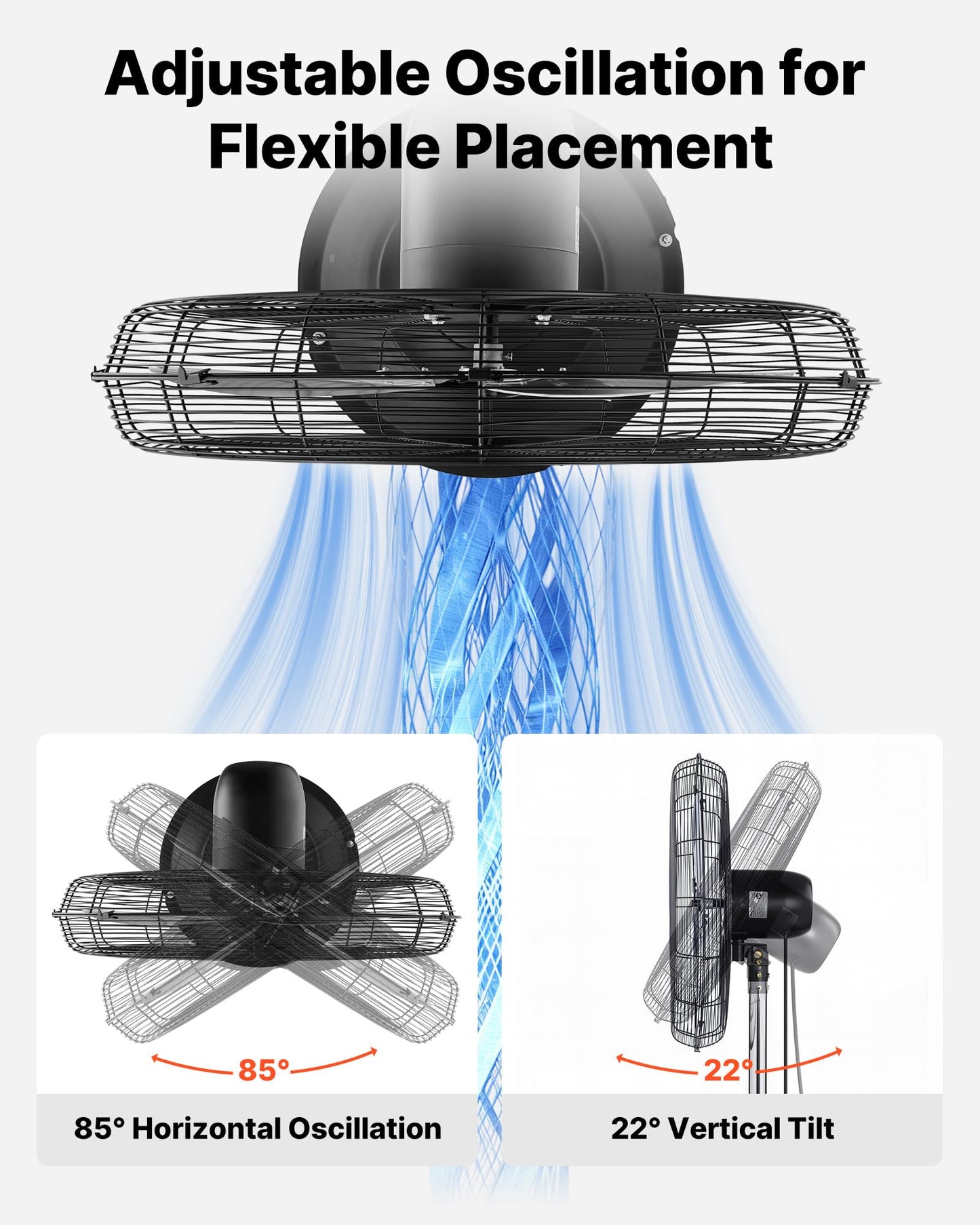 VEVOR 24-Inch High Velocity Pedestal Fan, 6800 CFM Industrial Standing Floor Fan with 85° Oscillating, 3-Speed Adjustable Height, IP44 Waterproof, Carbon Steel for Commercial, Garage, Workshop, Black