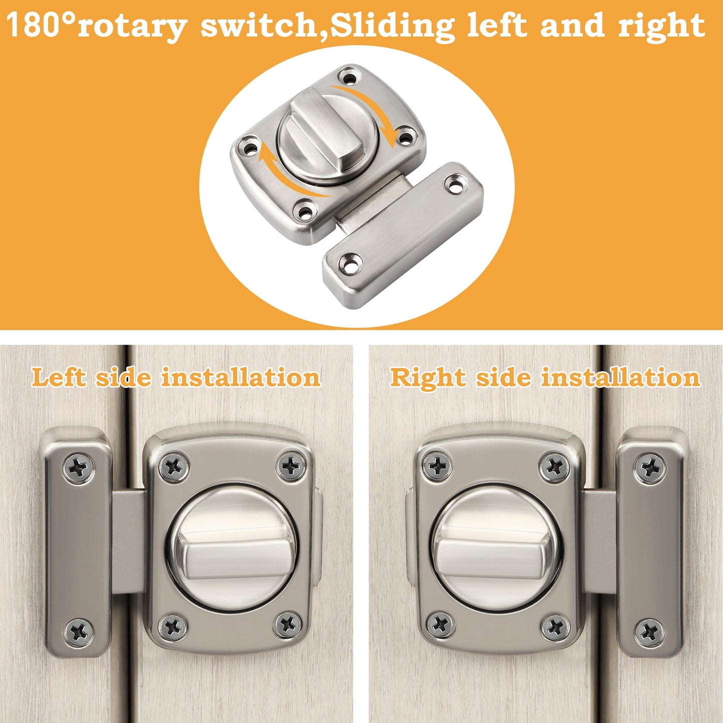 Alise Gate Latch Slide Bolt Latches Lock,Large Size Safety Double Sided Rotate Gate Hardware,SUS304 Stainless Steel Gate Latch for Storage Box, Cabinet,Shed Door,Brushed Finish,78mmx65mm MS250U-LS