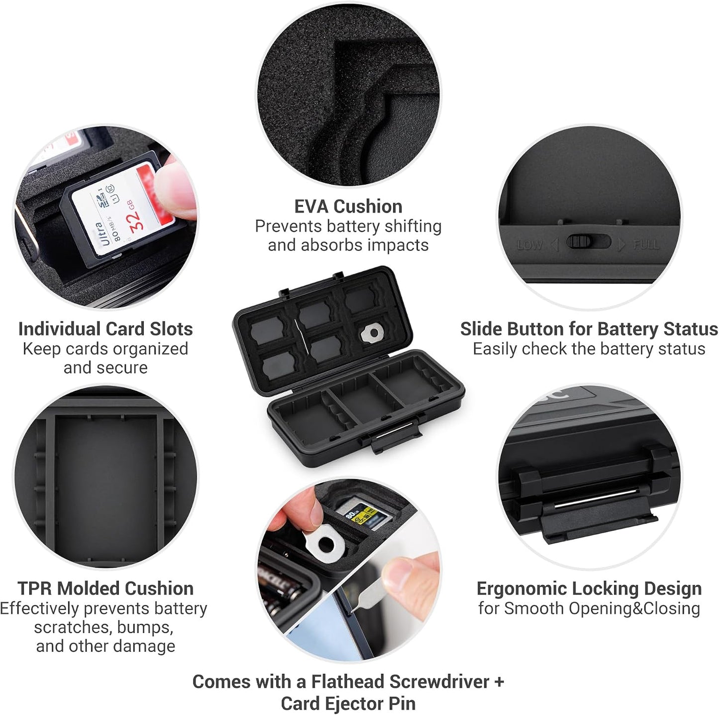 JJC 6 Card,6 Cards,5 Cards,8 Batteries,3 LP-E6 NP-FZ100 NPW235 Multi-Function Camera Battery Memory Card Storage Case