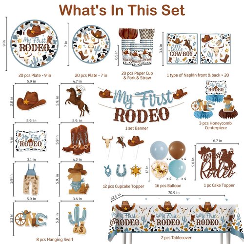 171 PCS My First Rodeo Decorations Boy, First Rodeo Birthday Tableware Set with Cake Topper, Cupcake Topper, Tablecloth, Plates and Balloons for Boy 1st Birthday Decorations