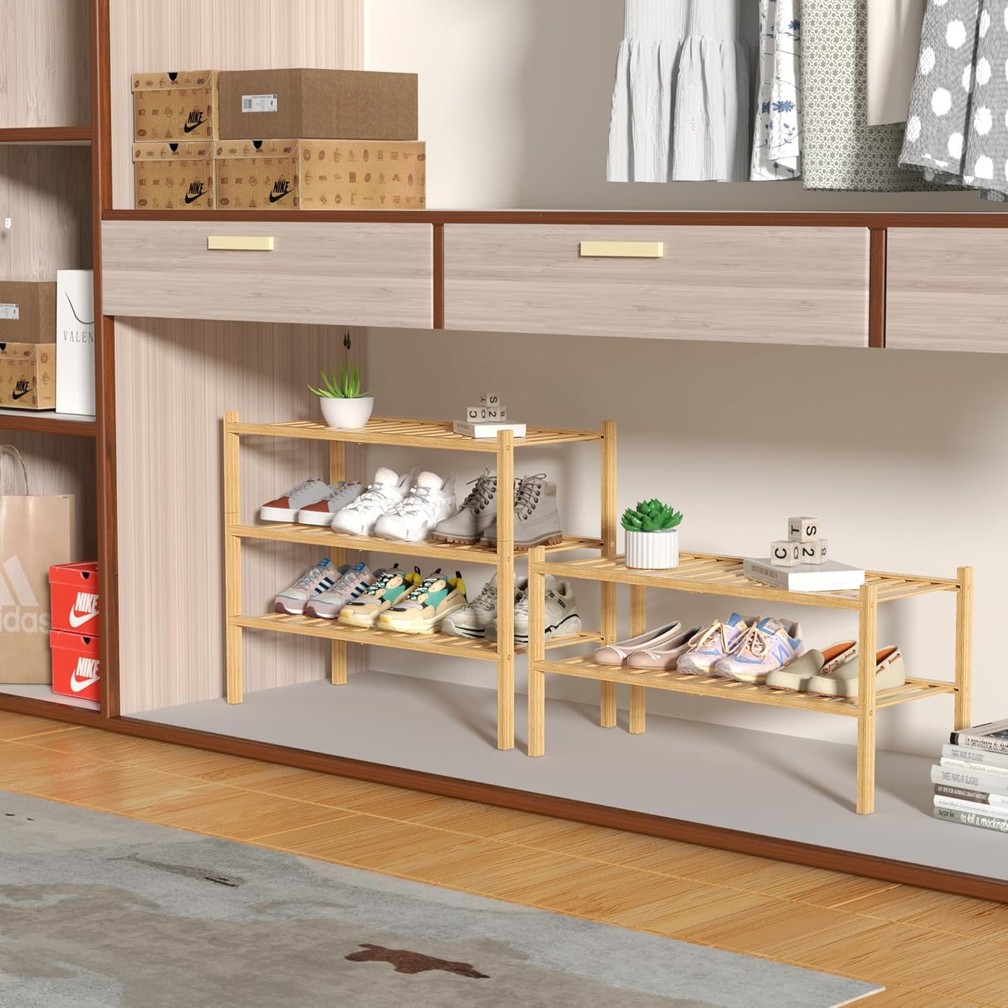 ROMGUAR CRAFT 3-Tier Bamboo Shoe Rack - Stackable Wood Storage Organizer for Small Spaces | 27"x11"x20" (Natural)
